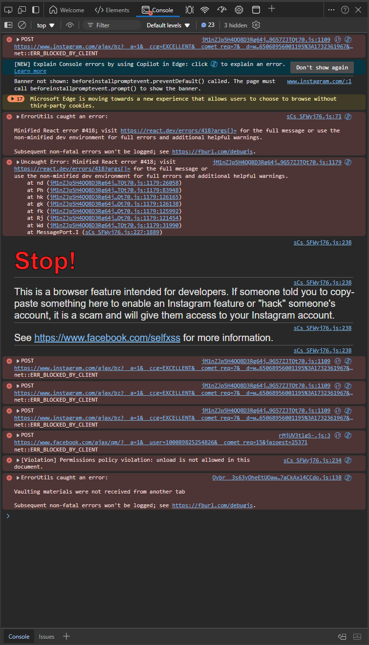 Instagram's warning against self-cross-site scripting
attacks
